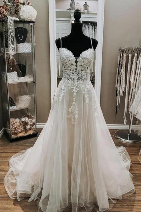 Straps A Line V Neck Ivory Lace Long Wedding Dress