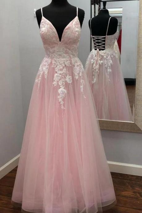 A Line V Neck Pink Lace Floral Long Prom Dresses