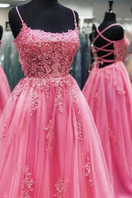 A Line Pink Tulle Backless Lace Prom Dress