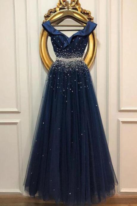 Off Shoulder A Line Sequins Dark Blue Long Prom Dresses