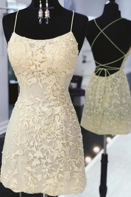 Cute Yellow Lace Backless Short Prom Dresses