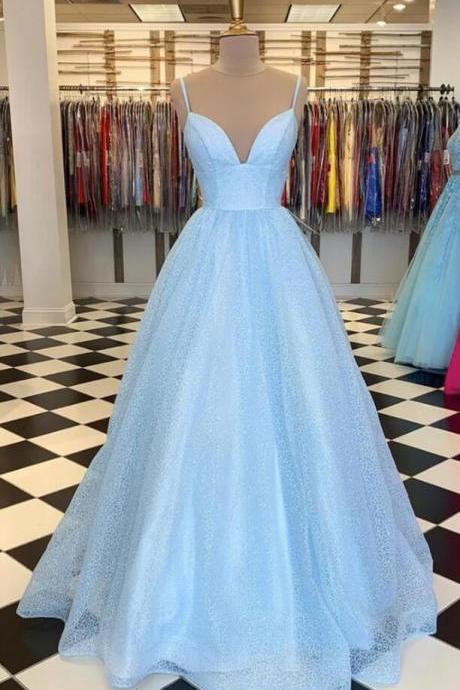Shiny Sequins V Neck Sky Blue Long Prom Dress