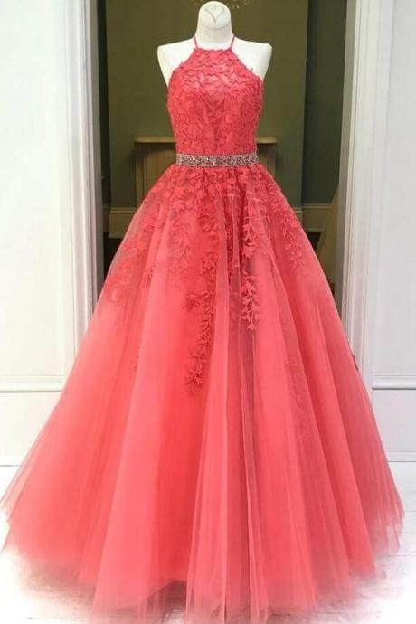Stylish Backless Coral Lace Long Prom Dress