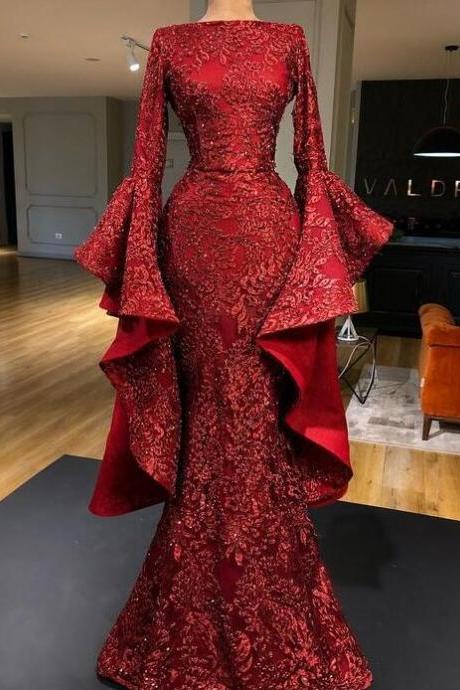 Mermaid Red Long Sequin Prom Dresses