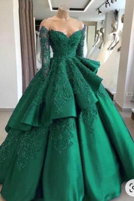 Ball Gown Emerald Long Sleeves Green Prom Dress