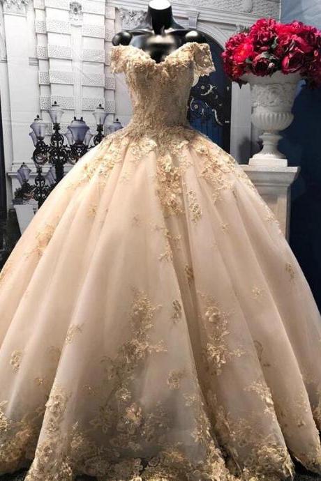 Off Shoulder Champagne Ball Gown Prom Dresses