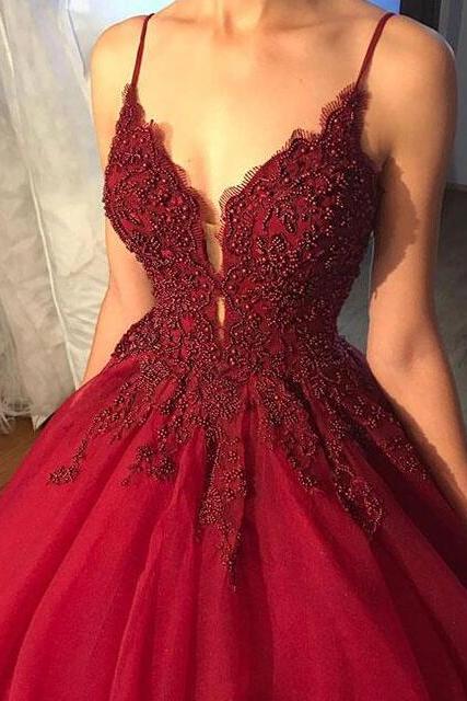 A Line Tulle Burgundy Prom Dress With Beads