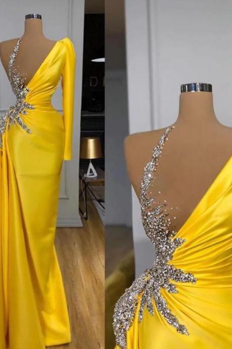 Elegant One Shoulder Yellow Beaded Sparkly Satin Prom Dresses