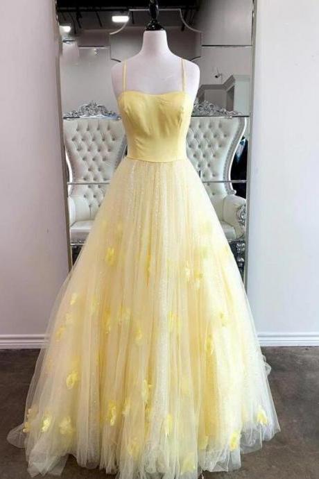 A Line Yellow Tulle Long Prom Dresses