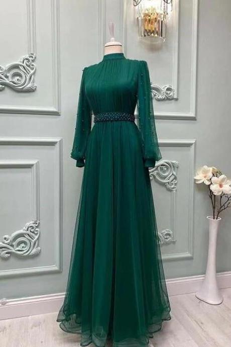 A Line Green Tulle Prom Dresses