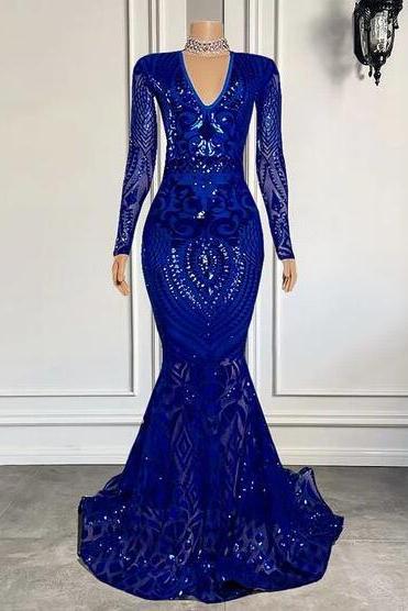 Mermaid Royal Blue Sequin Prom Dresses With Long Sleeves
