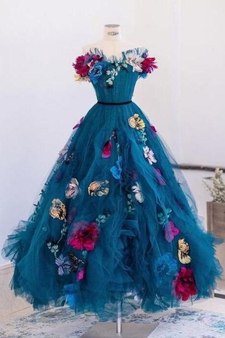 A Line Long Tulle Flowers Prom Dresses