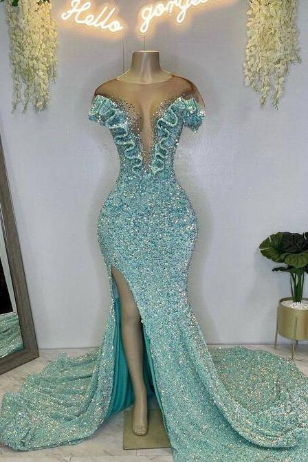 Mermaid Round Neck Sequin Prom Dresses