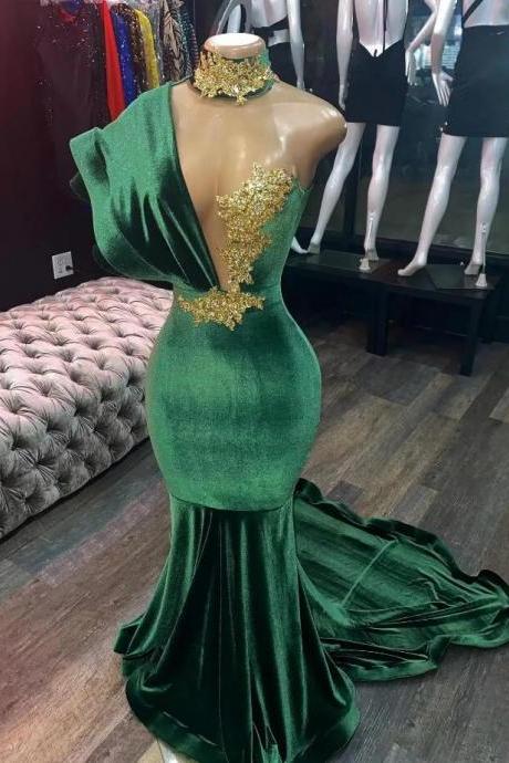 Mermaid Green Velvet Evening Prom Dresses