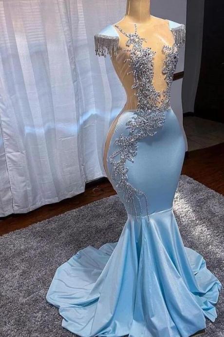 Sexy Long Blue Embellished Evening Dress With Beading