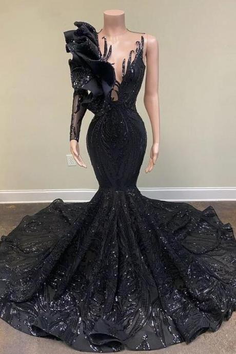 Mermaid Black One Shoulder Sequin Prom Dresses