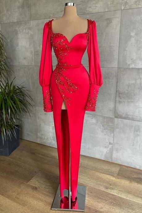 Vintage Red Long Sleeves Prom Dress With Beading