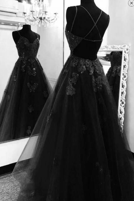A Line Black Tulle Lace Prom Dress