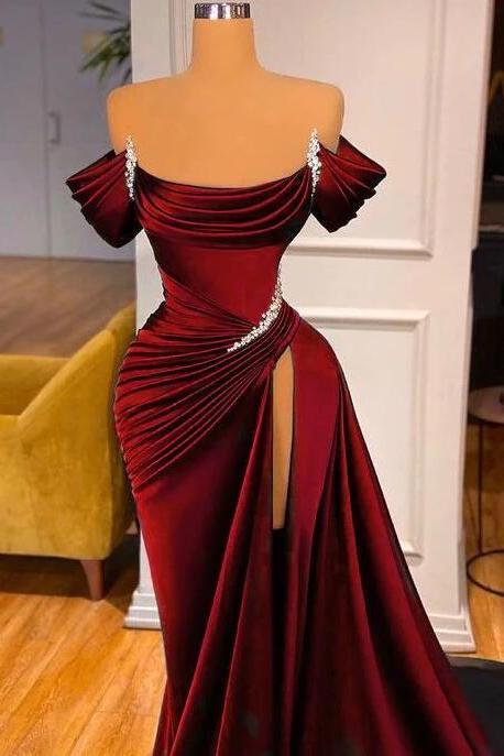 Off Shoulder Dark Red Stain Prom Dresses