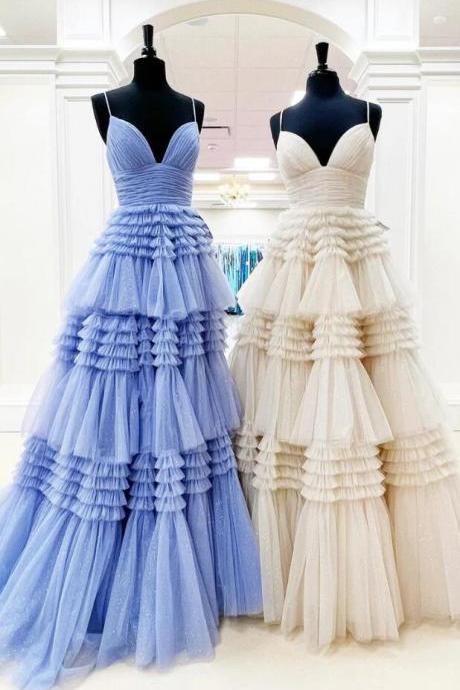 A Line Spaghetti Strap V Neck Layers Tulle Long Prom Dresses