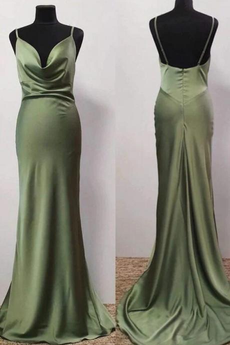 Simple Green Cowl Neck Long Prom Dresses