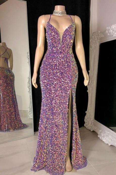 Spaghetti-straps Sequins Prom Dress With Slit