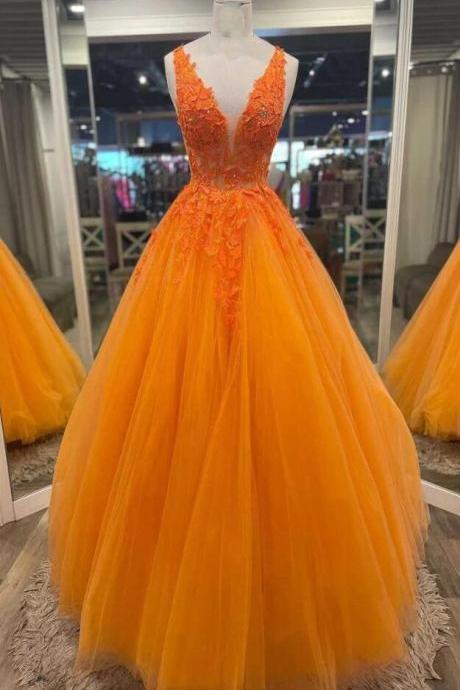 Gorgeous Orange V-neck Tulle Long Prom Dresses