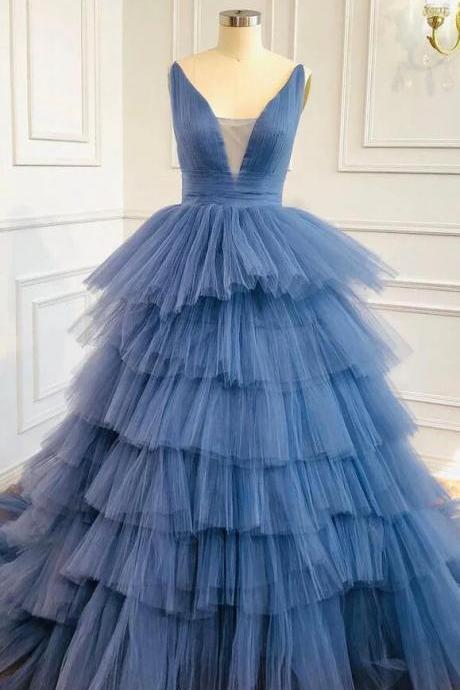 Mermaid Blue V-neck Tulle Long Prom Dresses