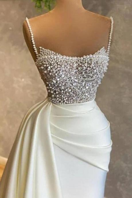 Straps Long Stain Prom Dress With Beading