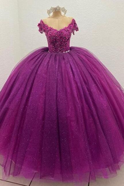 Off Shoulder Ball Gown Lace Prom Dresses