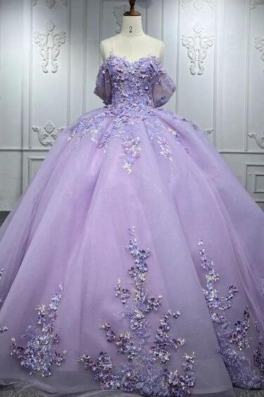 Off Shoulder A-line Purple Ball Gown Prom Dresses