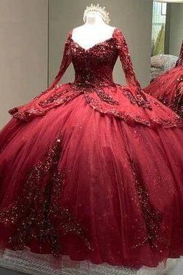 Off Shoulder 3d Flowers Application Wine Red Ball Gown Prom Party Dresses