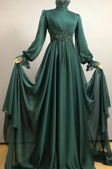 A Line High Neck Long Appliques Full Sleeve Muslim Prom Dresses
