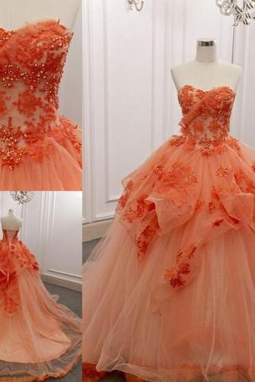 Strapless Orange Lace Tulle Ball Gown Prom Dresses
