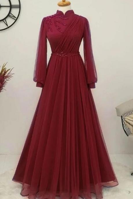 A Line Full Sleeve Muslim Burgundy Prom Dresses