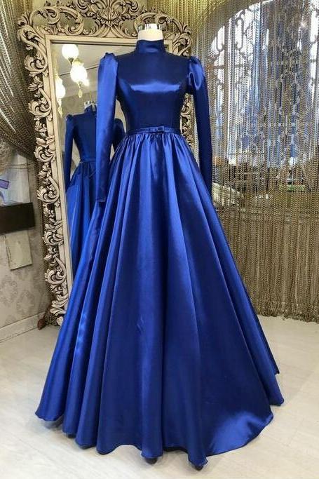 High Neck Royal Blue Stain Prom Dresses