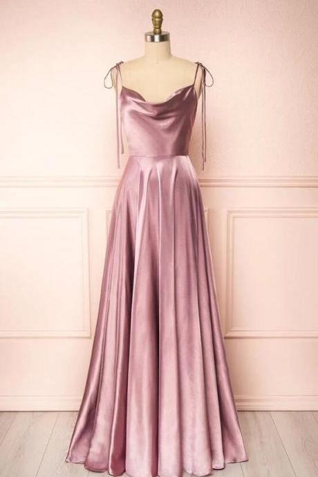 A-line Cowl Neck Long Formal Pink Prom Dress