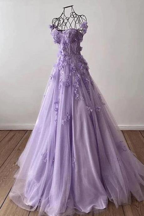 Sweetheart Lilac 3d Flowers Lace Applique Prom Dresses