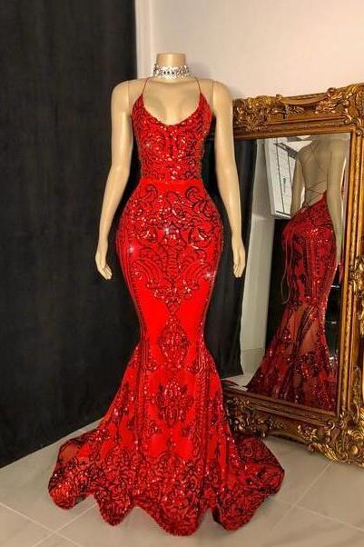 Mermaid Red Sequin Prom Dresses
