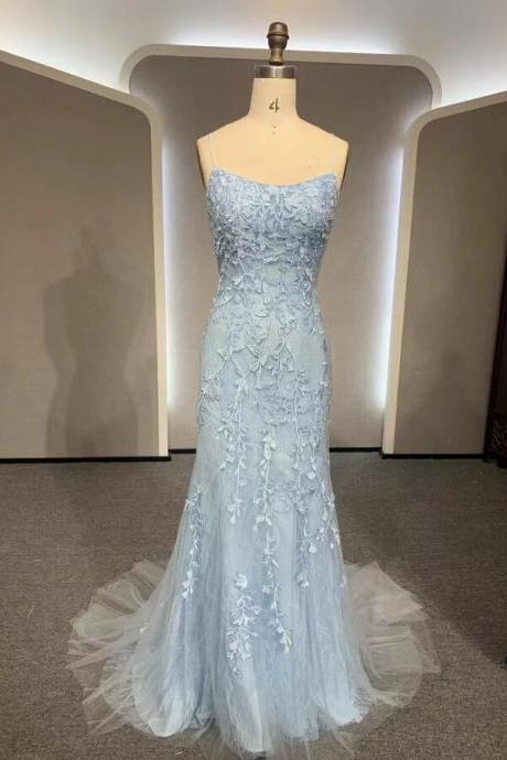 Beautiful Elegant Lace Backless Sky Blue Tulle Prom Dresses