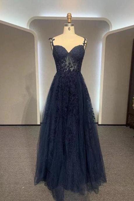 Elegant Navy Blue Lace Backless Tulle Formal Dress