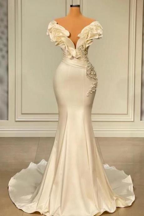 Elegant Off Shoulder Ivory Beaded Luxury Prom Dresses