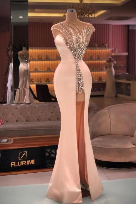A Line Evening Dresses Long Crystals Beaded Prom Gown