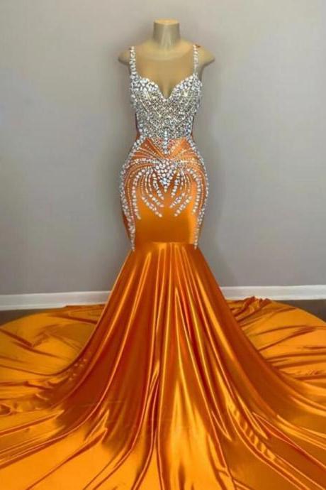 Spaghetti Straps Plus Size Orange Prom Dresses Beaded