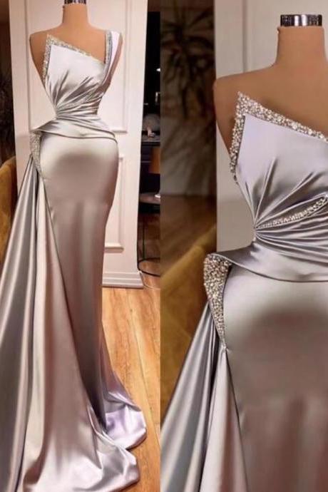 One Shoulder Beaded Vintage Silver Prom Gown