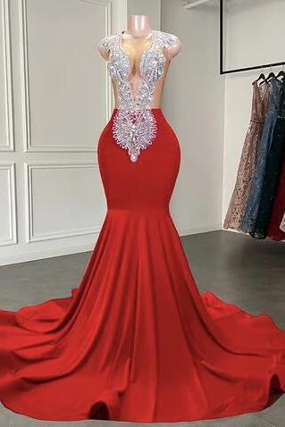 Mermaid Red Beaded Luxury Prom Dresses For Black Girls