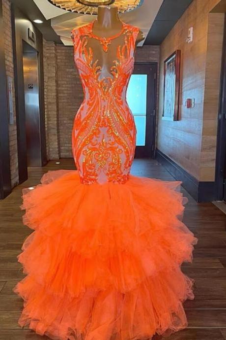 Sparkly Applique Orange Elegant Prom Gown