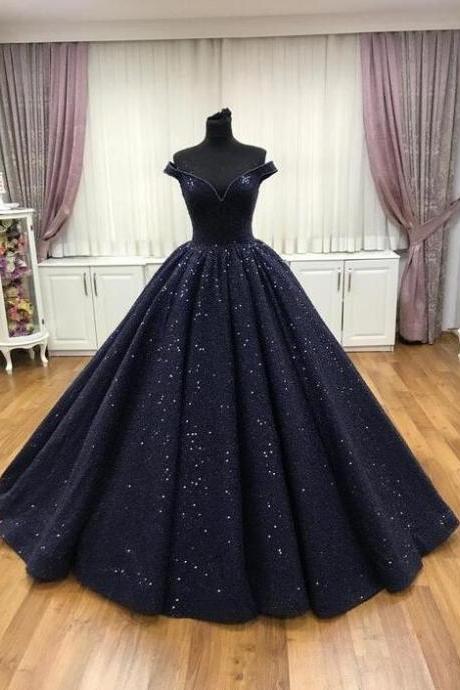 Sexy Navy Blue Ball Gown Long Prom Dresses