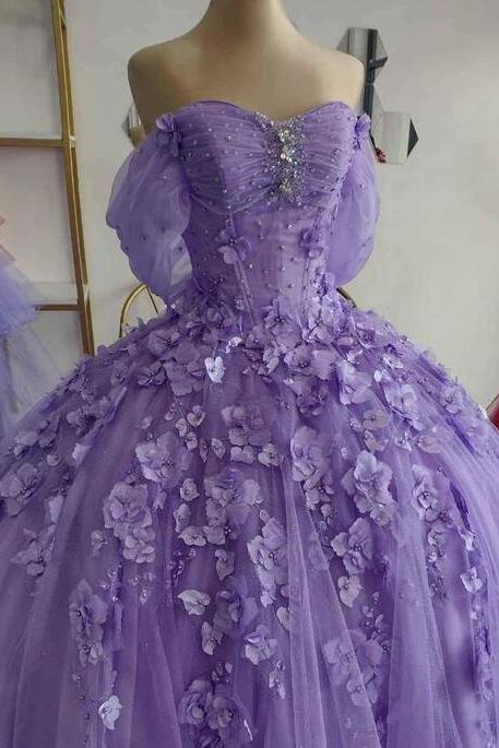 Off Shoulder Purple Ball Gown Prom Dresses With Flowers