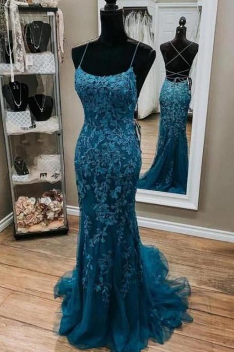 Mermaid Dark Teal Straps Backless Prom Dress With Lace